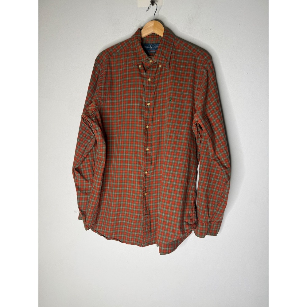 Polo Ralph Lauren Mens Large Classic Fit Plaid Button Down Shirt Red Green